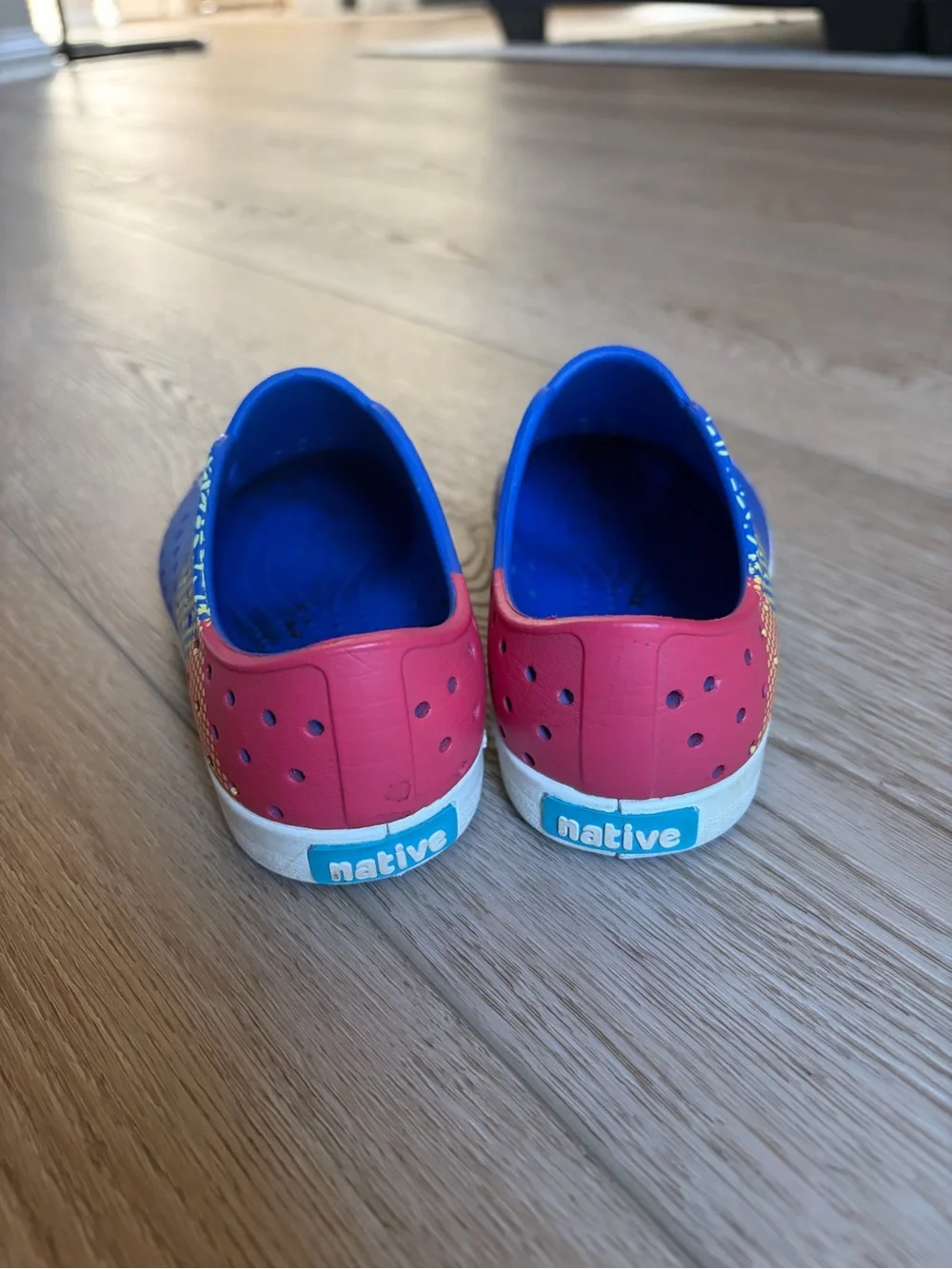 Native Kids Water Shoes in Blue with Pink Heel Accents